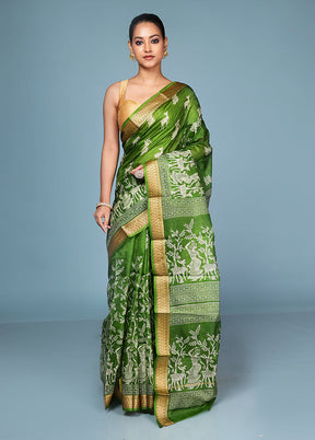 Green Printed Pure Silk Saree Without Blouse Piece