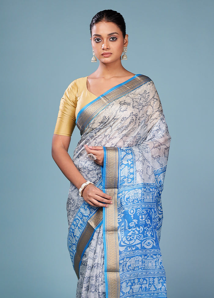 Grey Printed Pure Silk Saree Without Blouse Piece