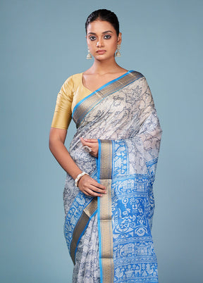 Grey Printed Pure Silk Saree Without Blouse Piece