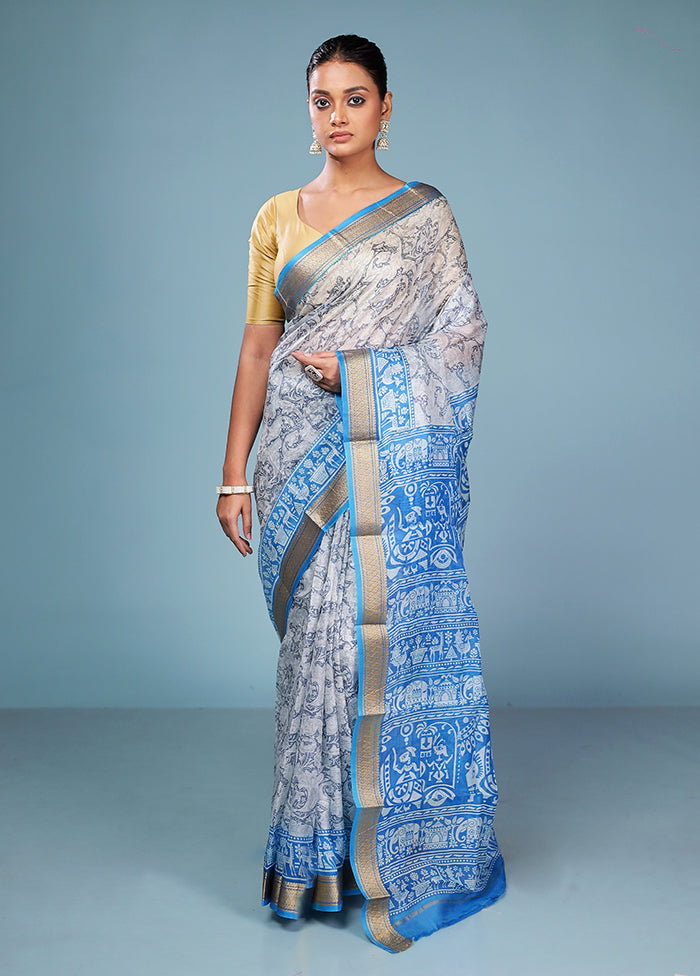 Grey Printed Pure Silk Saree Without Blouse Piece
