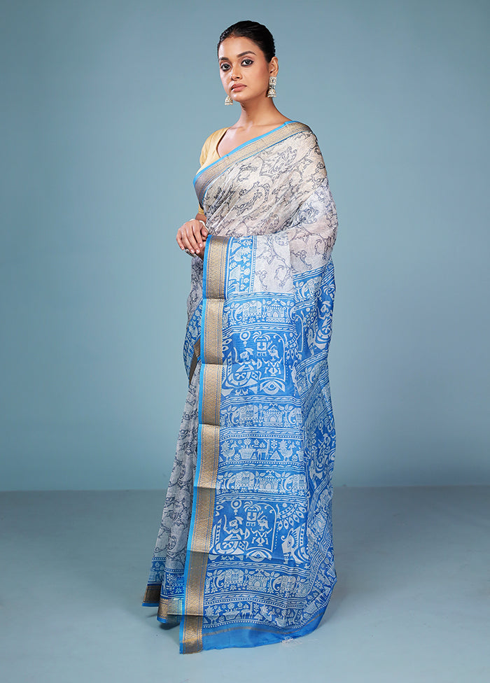 Grey Printed Pure Silk Saree Without Blouse Piece