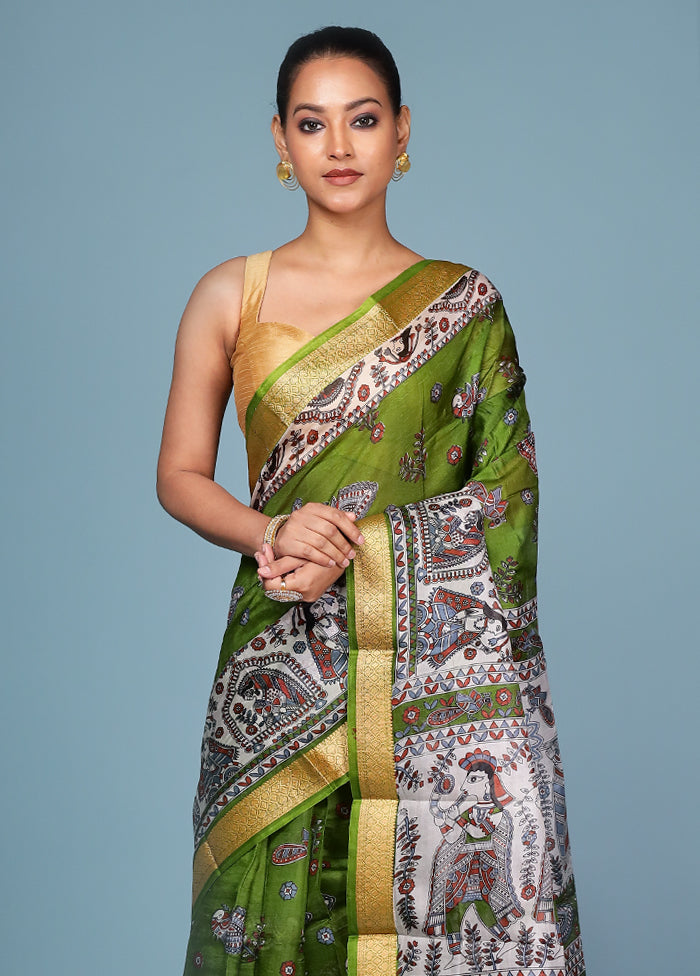 Green Printed Pure Silk Saree Without Blouse Piece