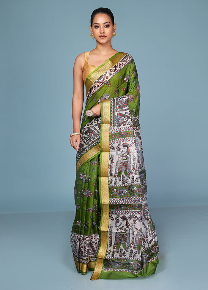 Green Printed Pure Silk Saree Without Blouse Piece