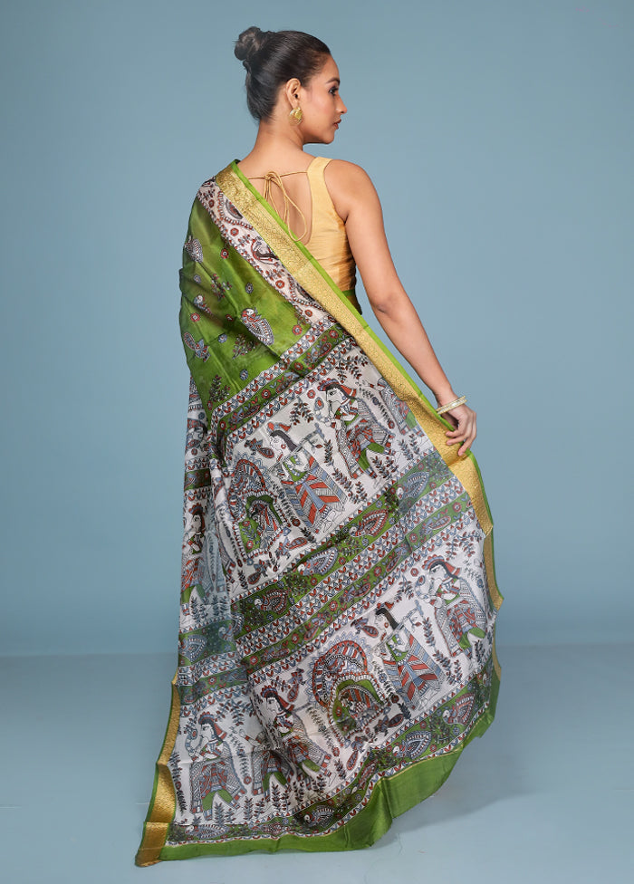 Green Printed Pure Silk Saree Without Blouse Piece