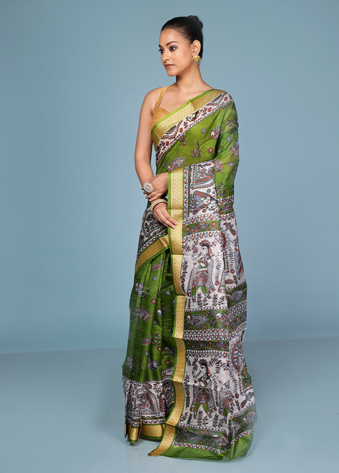 Green Printed Pure Silk Saree Without Blouse Piece