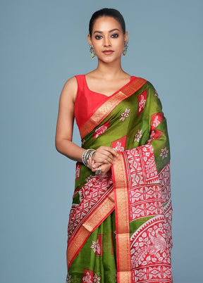 Green Printed Pure Silk Saree Without Blouse Piece