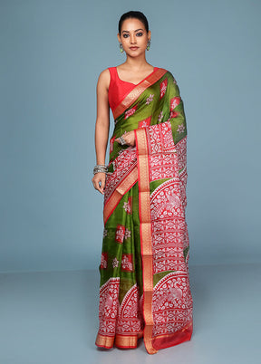 Green Printed Pure Silk Saree Without Blouse Piece