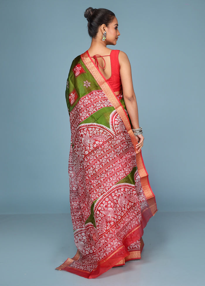 Green Printed Pure Silk Saree Without Blouse Piece