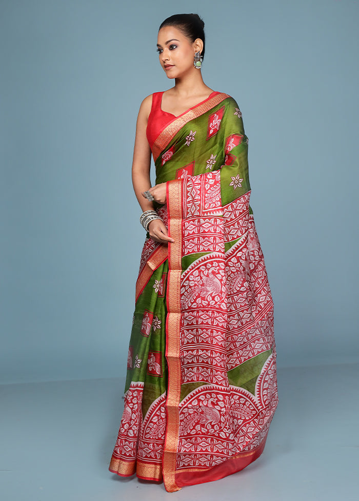 Green Printed Pure Silk Saree Without Blouse Piece
