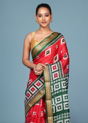 Red Printed Pure Silk Saree Without Blouse Piece