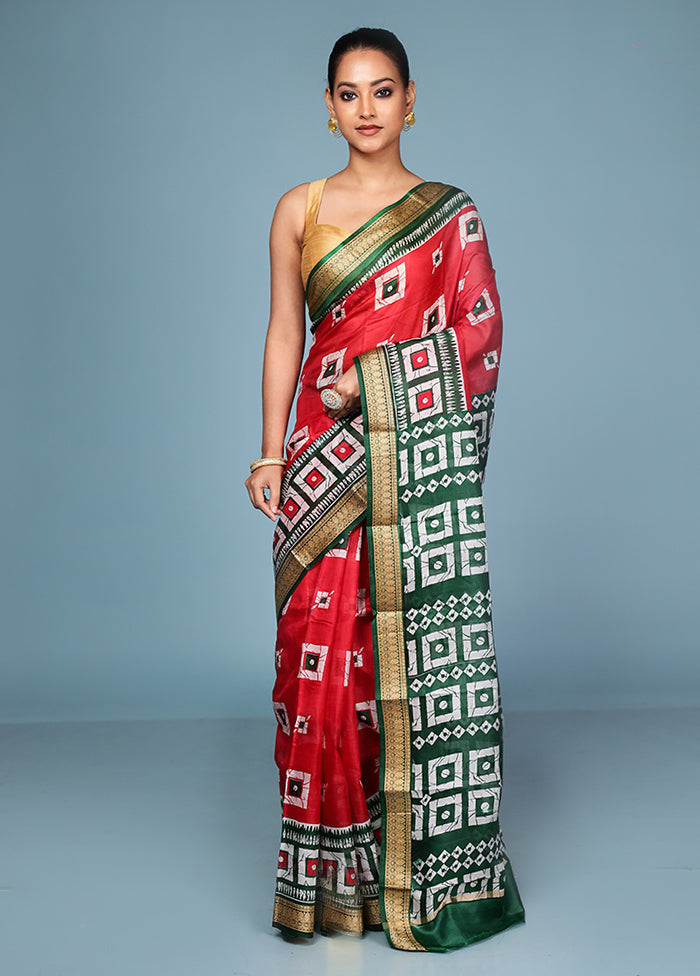 Red Printed Pure Silk Saree Without Blouse Piece