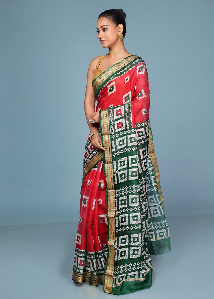 Red Printed Pure Silk Saree Without Blouse Piece