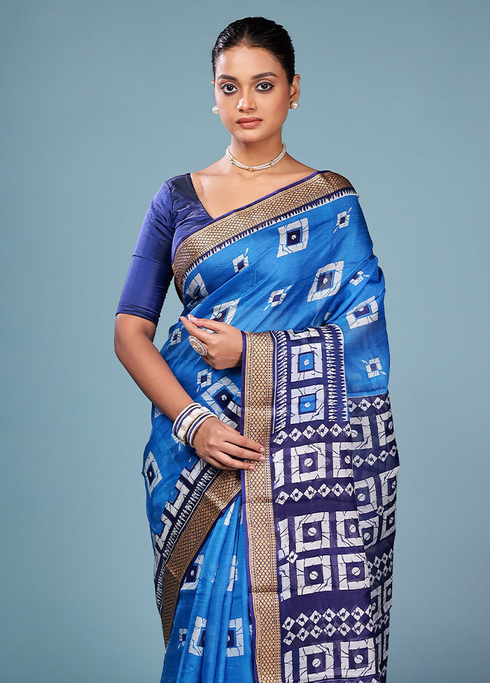 Blue Printed Pure Silk Saree Without Blouse Piece