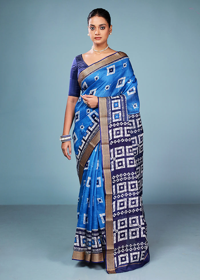 Blue Printed Pure Silk Saree Without Blouse Piece