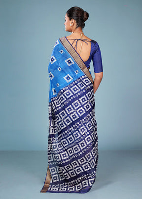 Blue Printed Pure Silk Saree Without Blouse Piece