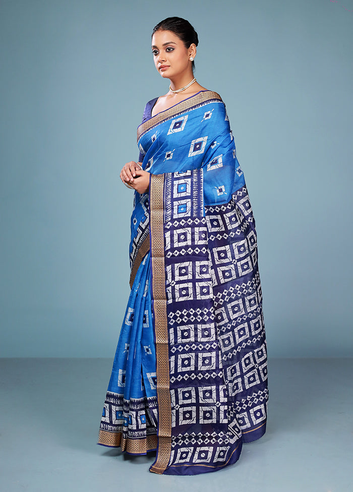 Blue Printed Pure Silk Saree Without Blouse Piece