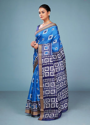 Blue Printed Pure Silk Saree Without Blouse Piece