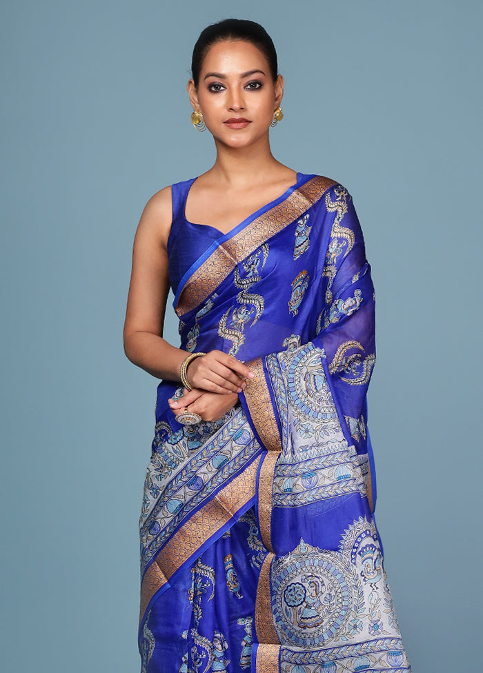 Blue Printed Pure Silk Saree Without Blouse Piece