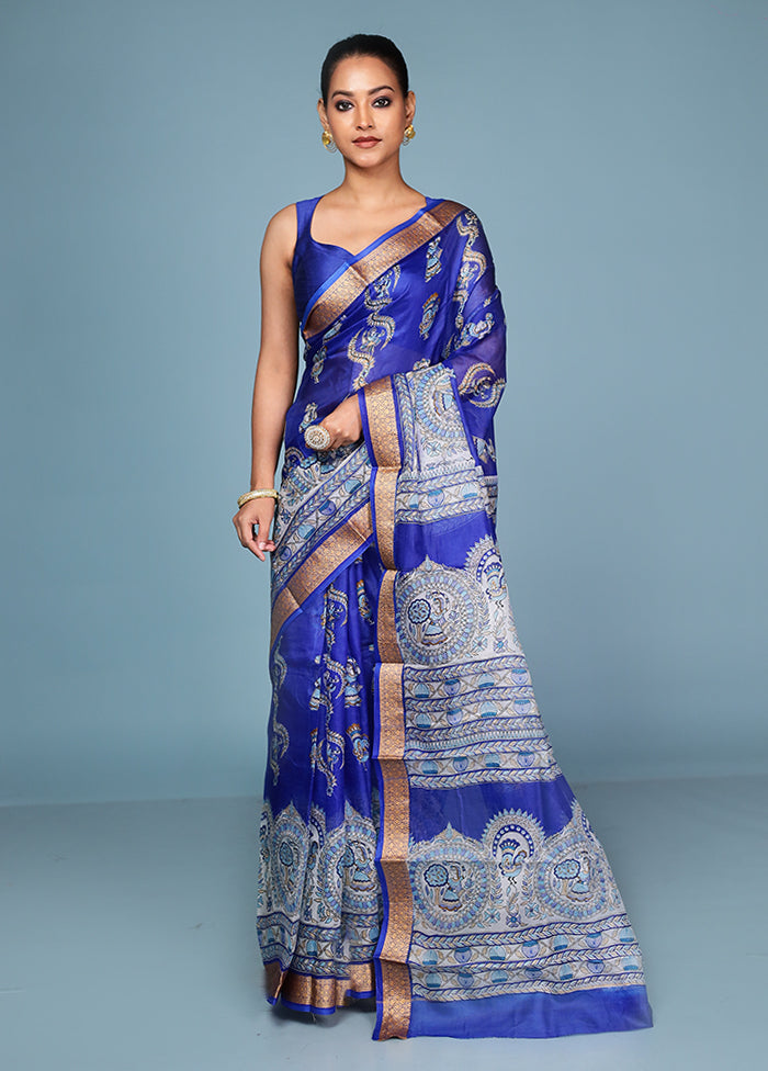 Blue Printed Pure Silk Saree Without Blouse Piece