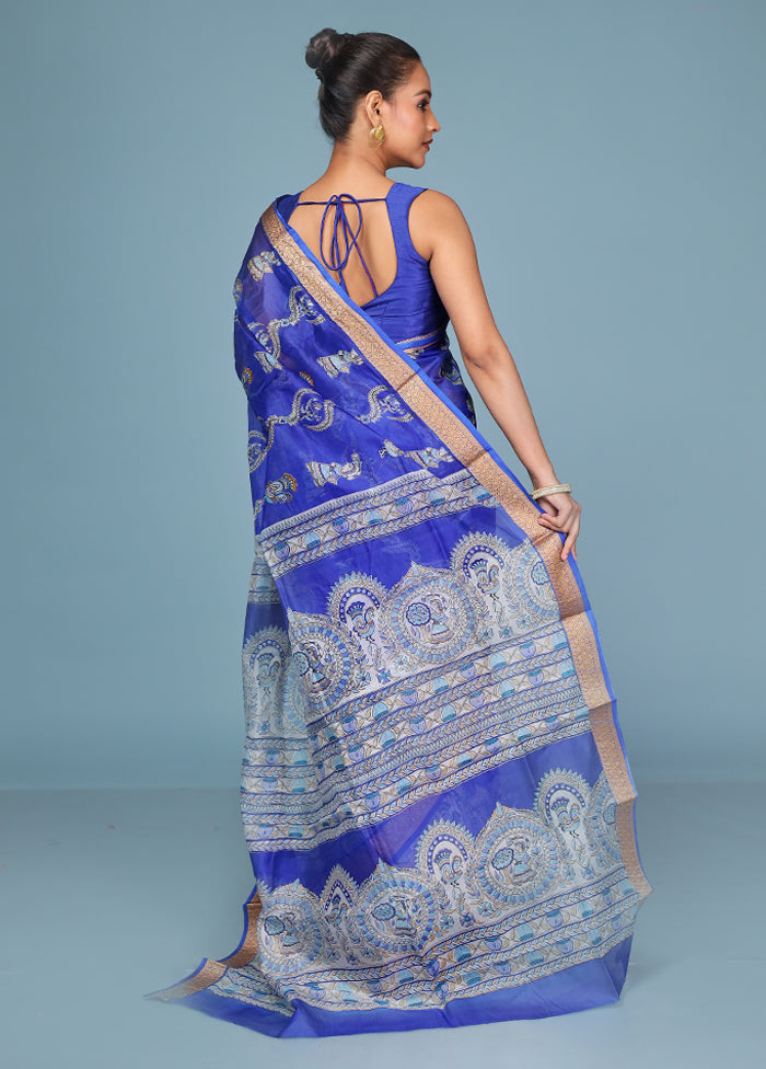 Blue Printed Pure Silk Saree Without Blouse Piece