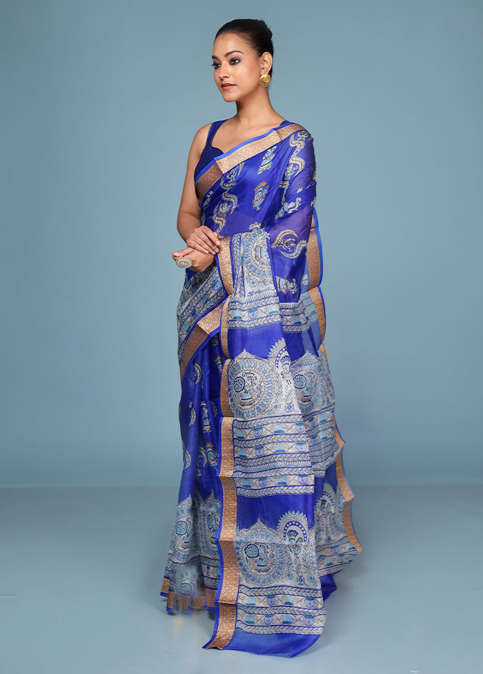 Blue Printed Pure Silk Saree Without Blouse Piece