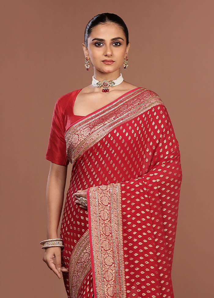Red Handloom Pure Khaddi Georgette Saree With Blouse Piece