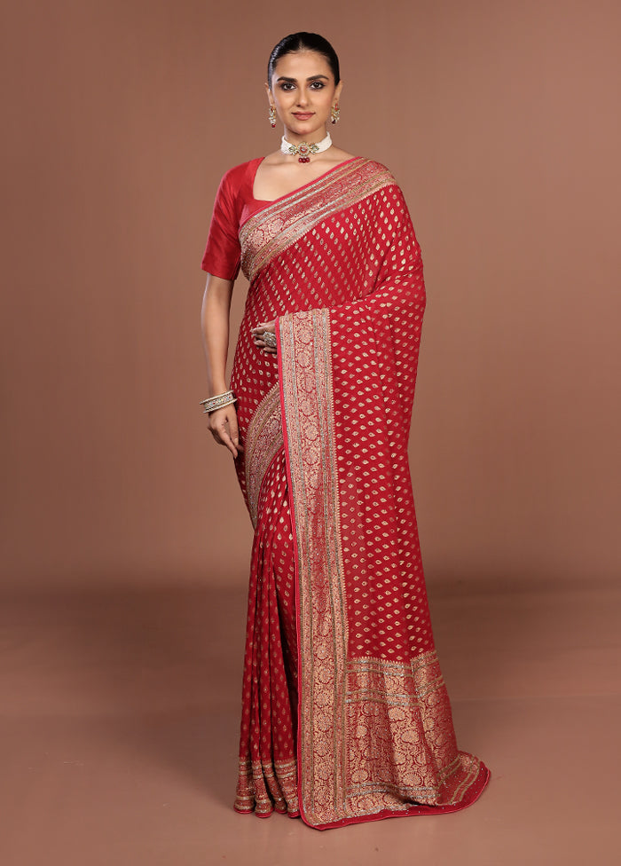 Red Handloom Pure Khaddi Georgette Saree With Blouse Piece