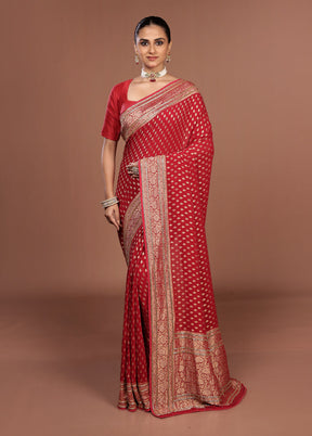 Red Handloom Pure Khaddi Georgette Saree With Blouse Piece