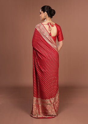 Red Handloom Pure Khaddi Georgette Saree With Blouse Piece