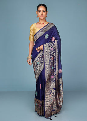 Blue Dupion Silk Saree With Blouse Piece