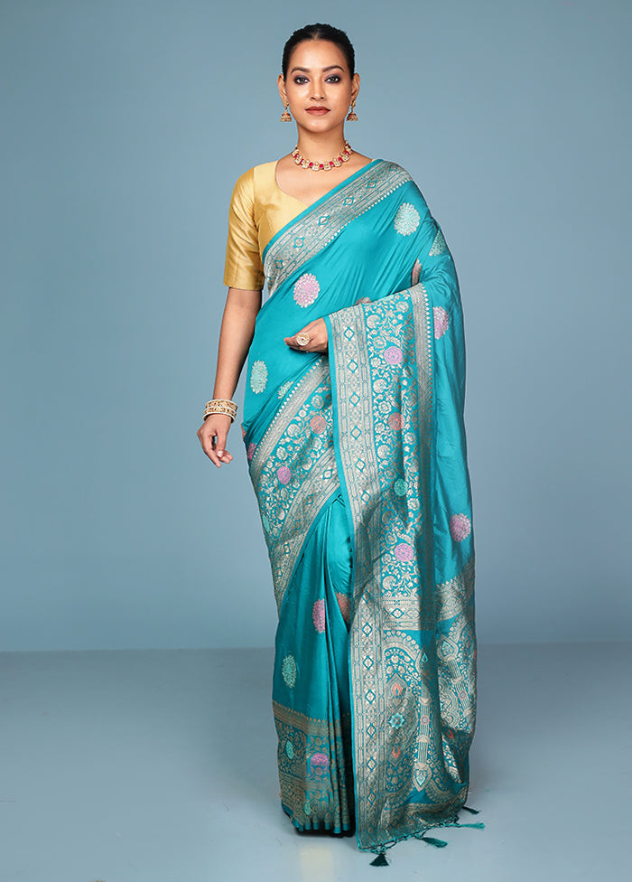 Blue Dupion Silk Saree With Blouse Piece