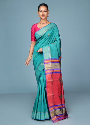 Green Handloom Kanjivaram Pure Silk Saree With Blouse Piece
