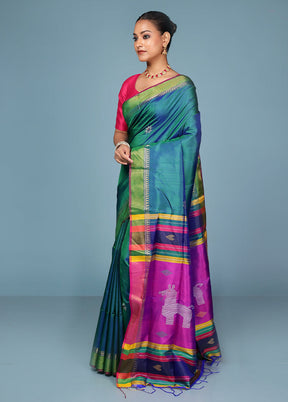 Green Handloom Kanjivaram Pure Silk Saree With Blouse Piece