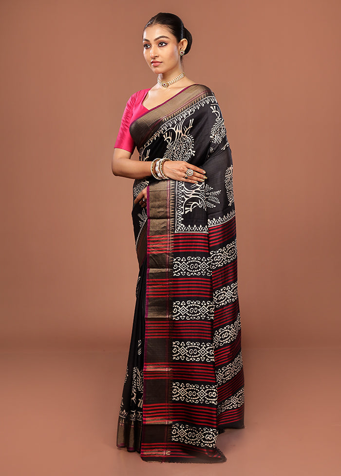 Black Printed Pure Silk Saree Without Blouse Piece