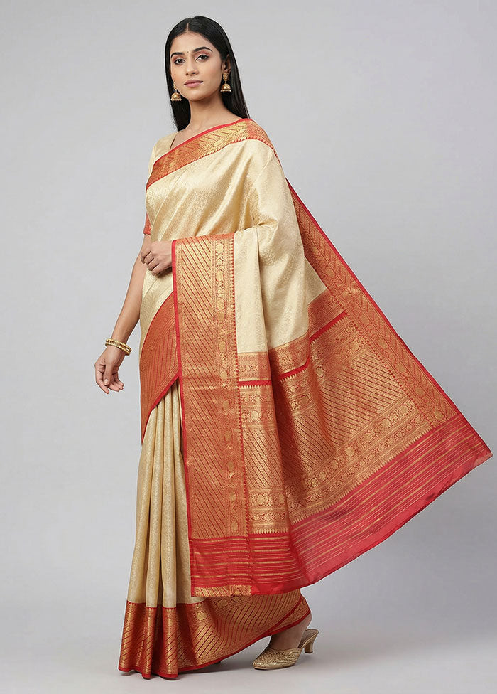 Cream Handloom Katan Pure Silk Saree With Blouse Piece