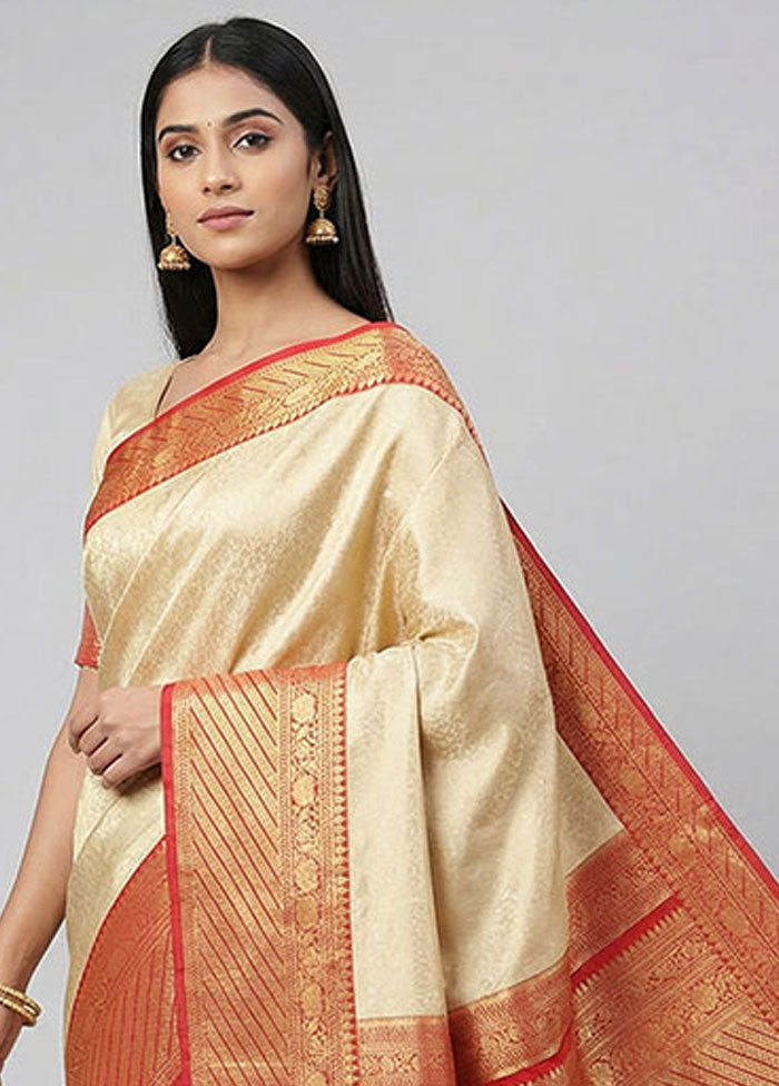 Cream Handloom Katan Pure Silk Saree With Blouse Piece