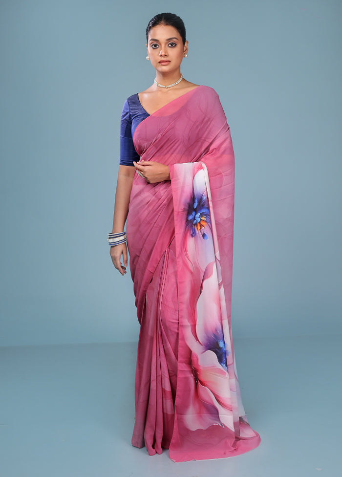 Pink Chiffon Silk Saree With Blouse Piece