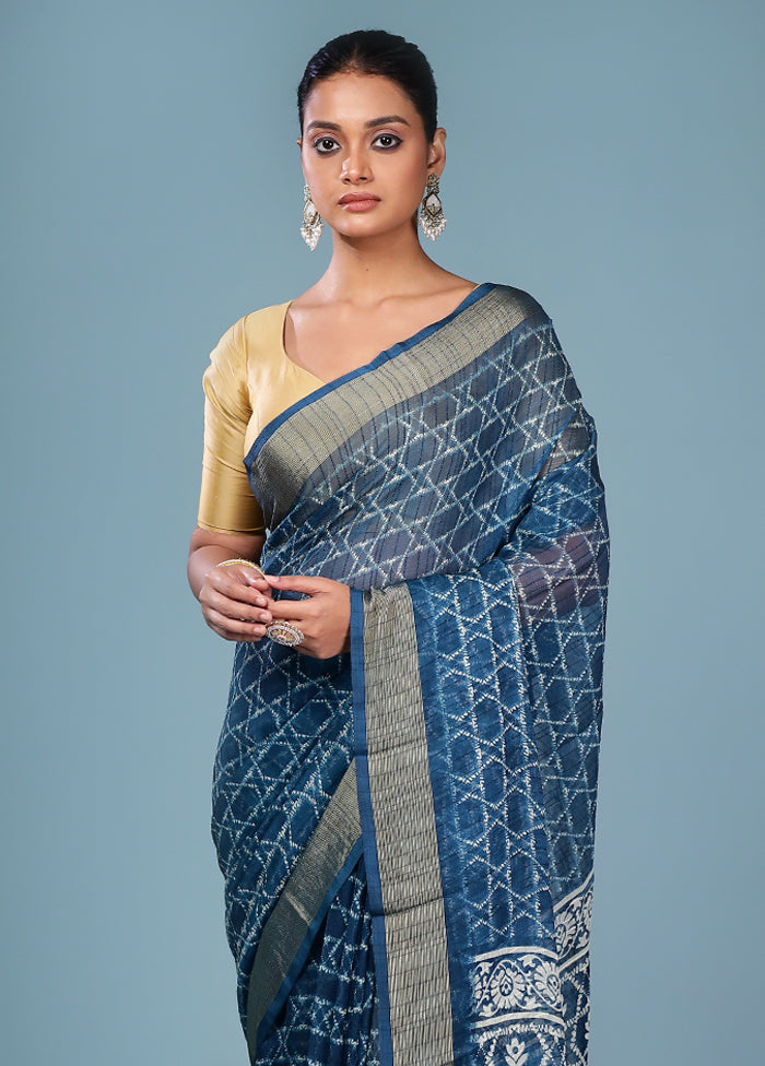 Blue Chiffon Silk Saree With Blouse Piece