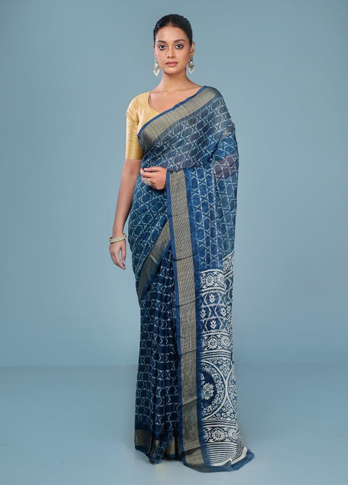 Blue Chiffon Silk Saree With Blouse Piece