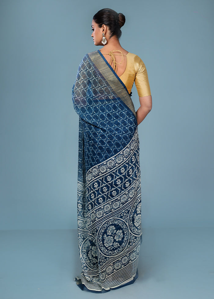 Blue Chiffon Silk Saree With Blouse Piece