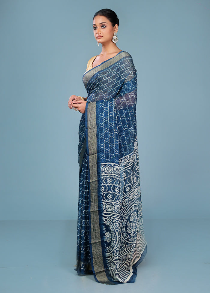 Blue Chiffon Silk Saree With Blouse Piece