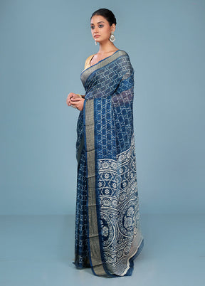 Blue Chiffon Silk Saree With Blouse Piece
