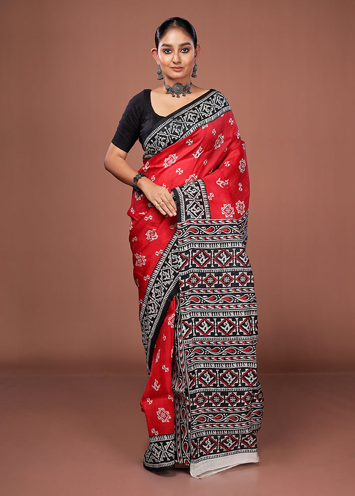 Red Printed Pure Silk Saree Without Blouse Piece