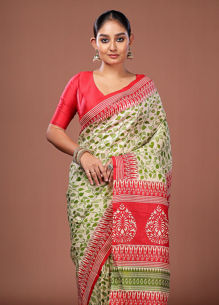 Cream Printed Pure Silk Saree Without Blouse Piece