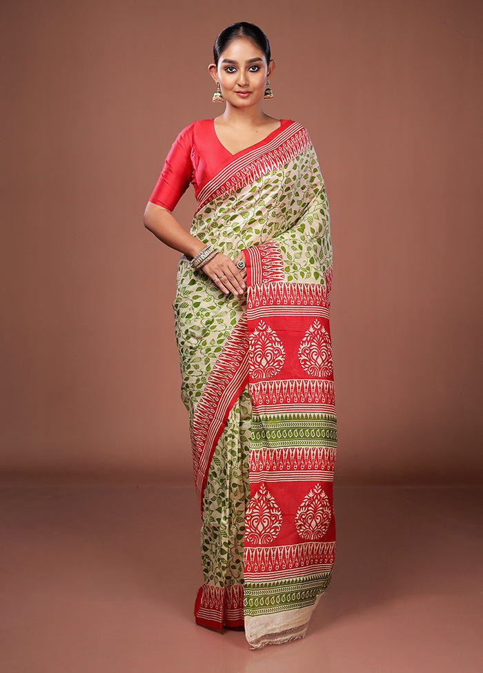 Cream Printed Pure Silk Saree Without Blouse Piece