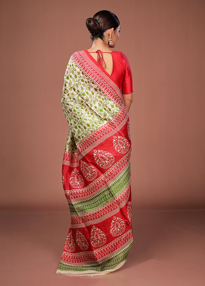 Cream Printed Pure Silk Saree Without Blouse Piece