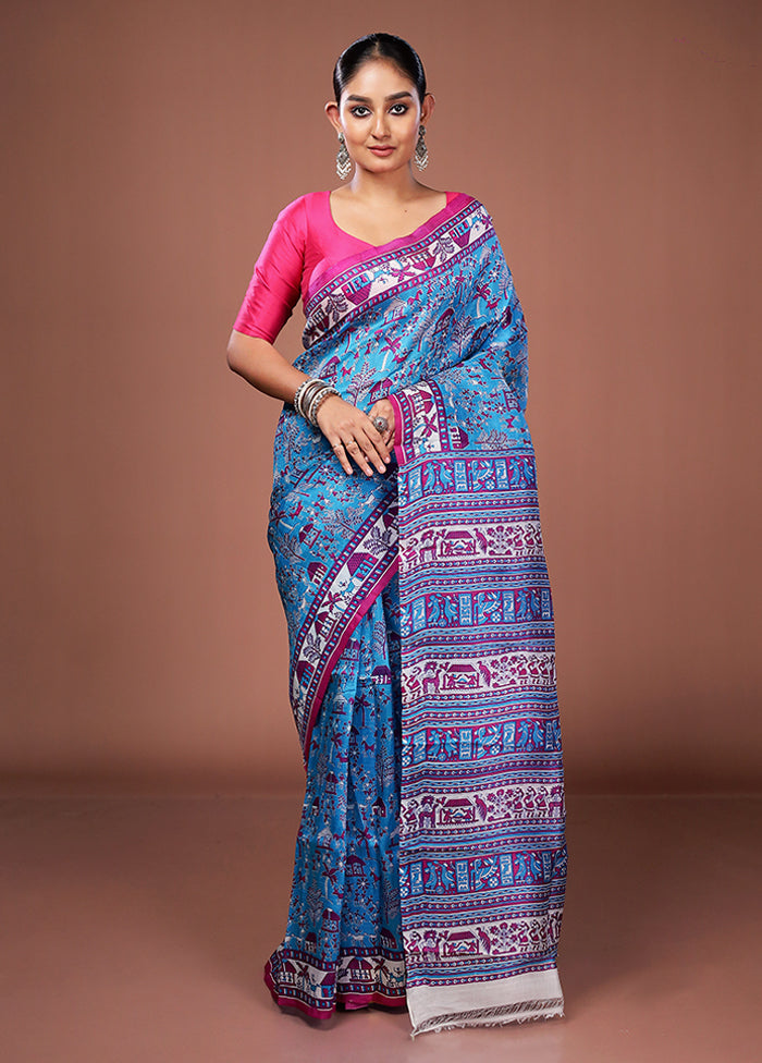 Blue Printed Pure Silk Saree Without Blouse Piece