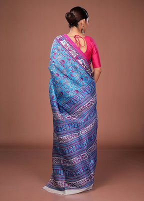 Blue Printed Pure Silk Saree Without Blouse Piece