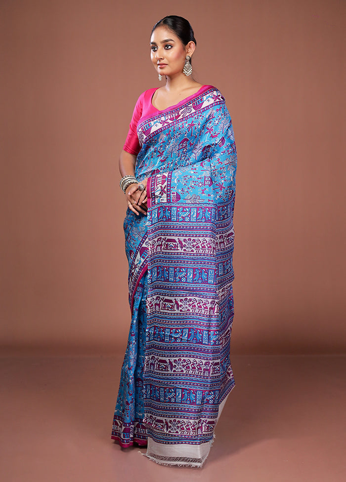 Blue Printed Pure Silk Saree Without Blouse Piece