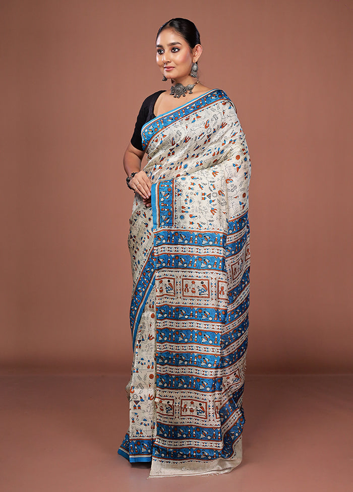 Cream Printed Pure Silk Saree Without Blouse Piece